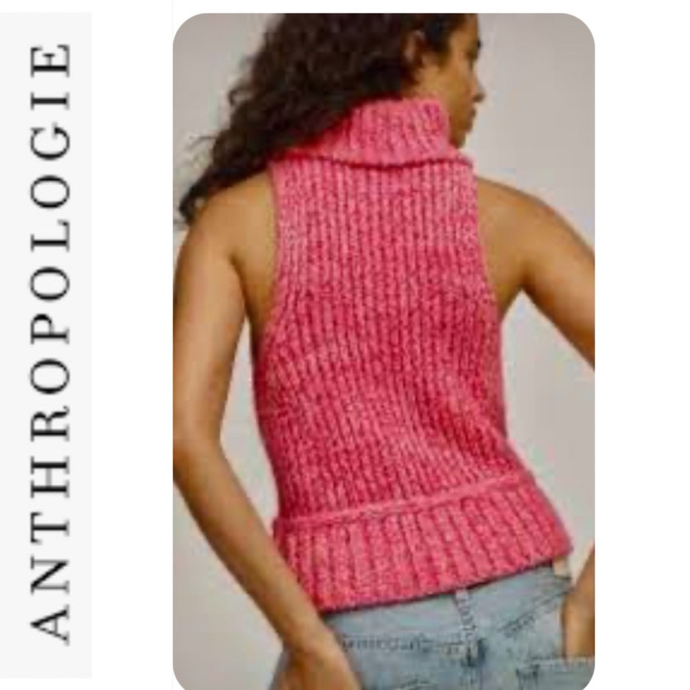 NEW Anthropologie Pilcro Pink Ribbed Sleeveless Turtleneck Sweater m - Picture 2 of 10